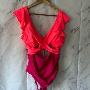 HOT PINK COLOR BLOCK CUTOUT FLUTTER SLEEVE ONE PIECE SWIMSUIT WOMENS XL